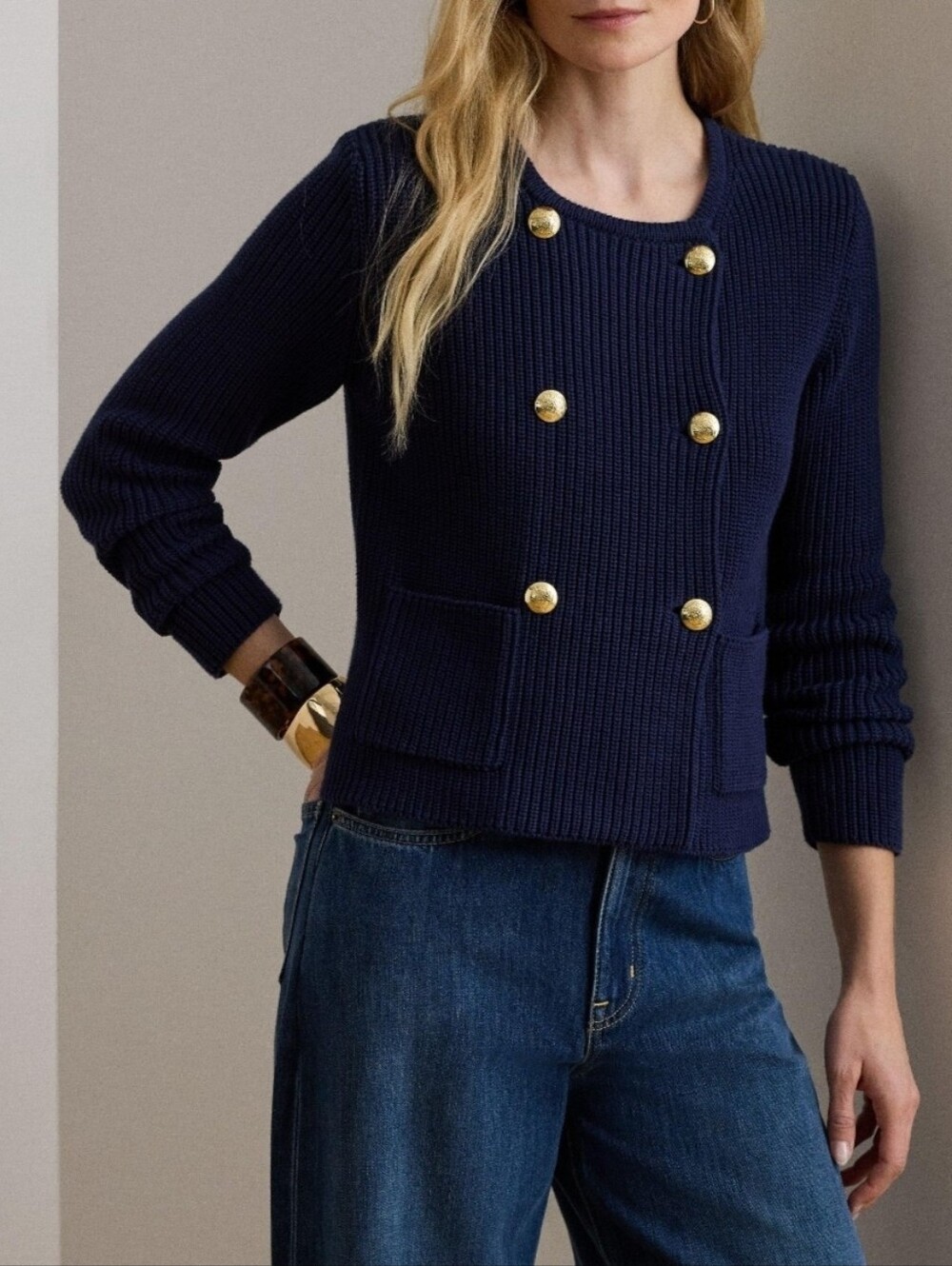 NWT $245 Ralph Lauren Black Label Rib Knit Double Breast Carfigan Jacket Women L